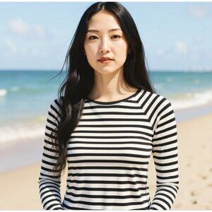 Spanx Swim Womens Black White Striped Long Sleeve Shirt UPF Womens Large